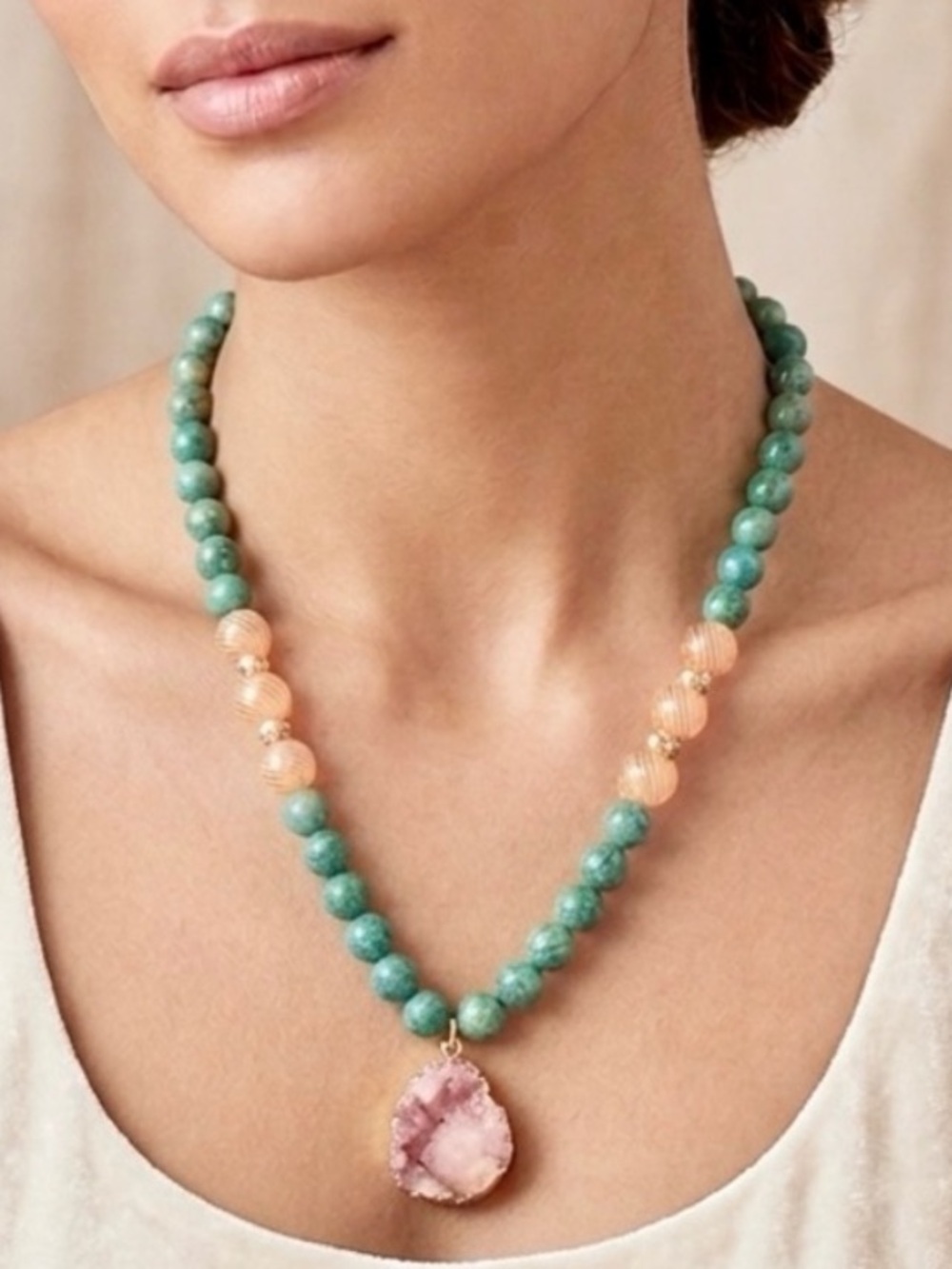 NEW Mary Kent Designs Green Amazonite, Pink Lemonade Druzy Geode Geode Necklace